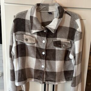 SHEIN White and Gray Plaid Button-Front Crop Shacket
